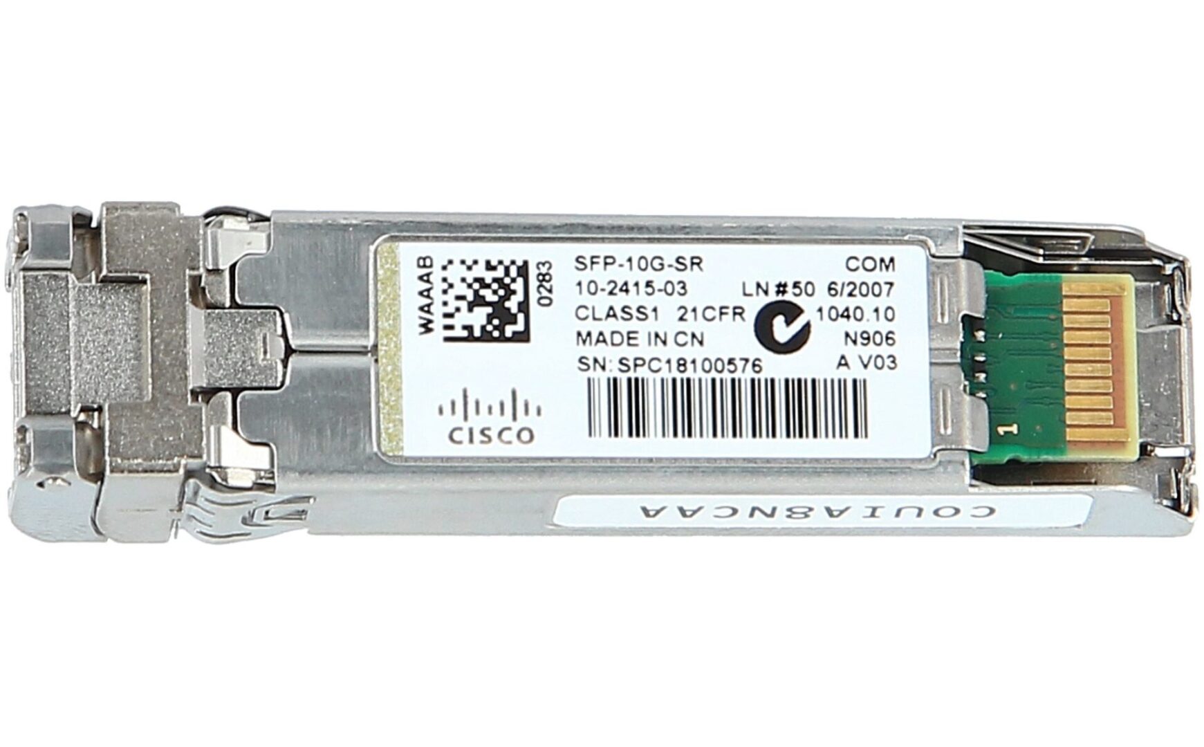 A Cisco SFP-10G-SR Short Wave Transceiver