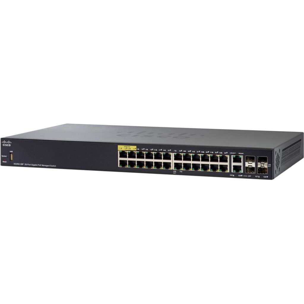 A black and yellow cisco switch is on the white background